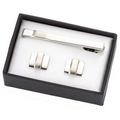 2 Tone Silver Metal Cufflinks w/ Matching Tie Clip w/ 3 Lines